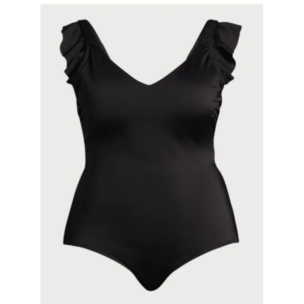 NWT Time and Tru Black Ruffle One Piece Fashion swimsuit bathing suit new pool